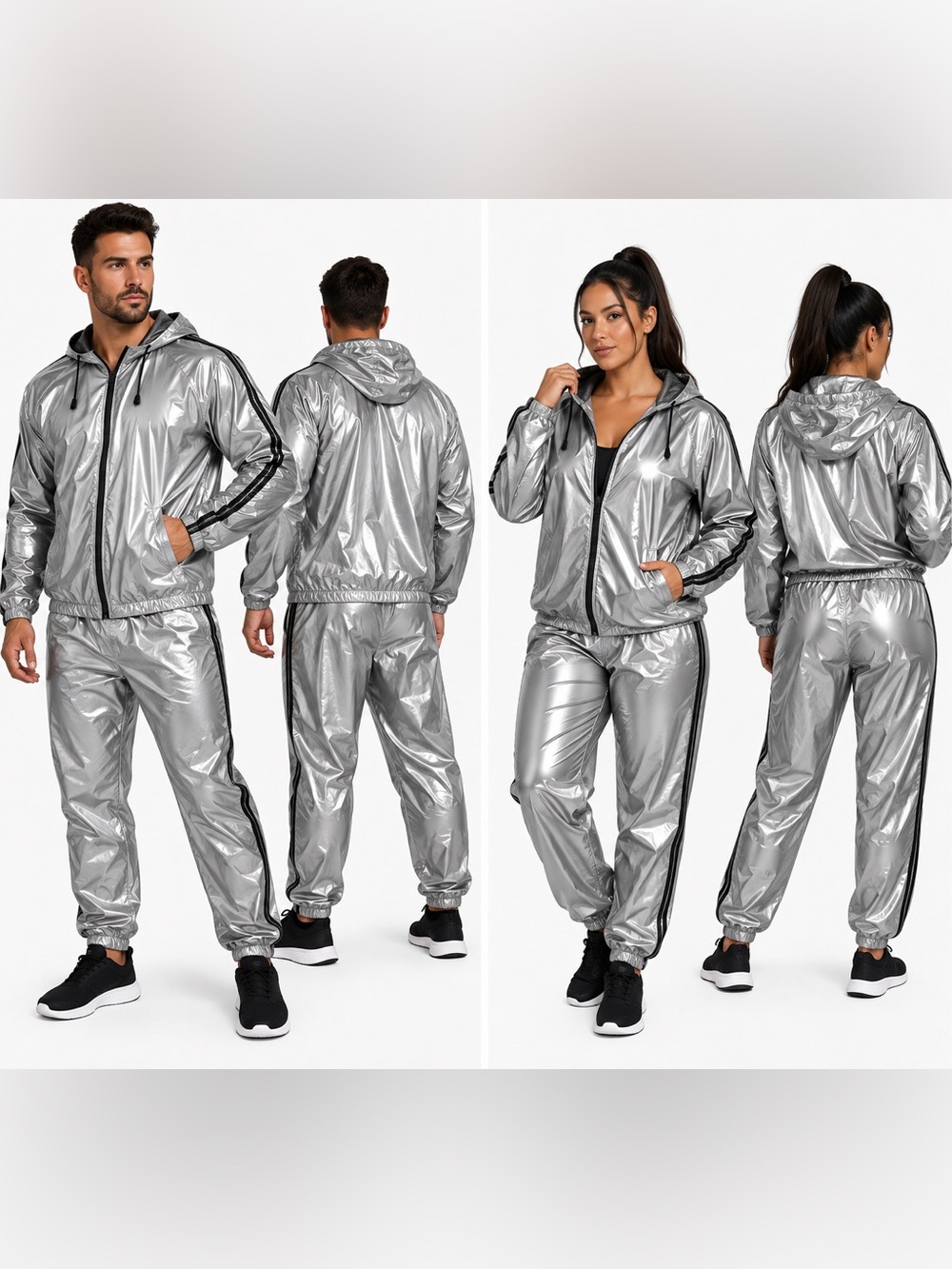 Unisex Sauna Suit XL Silver Black Sweat Weight Loss Workout Jacket Pants Set